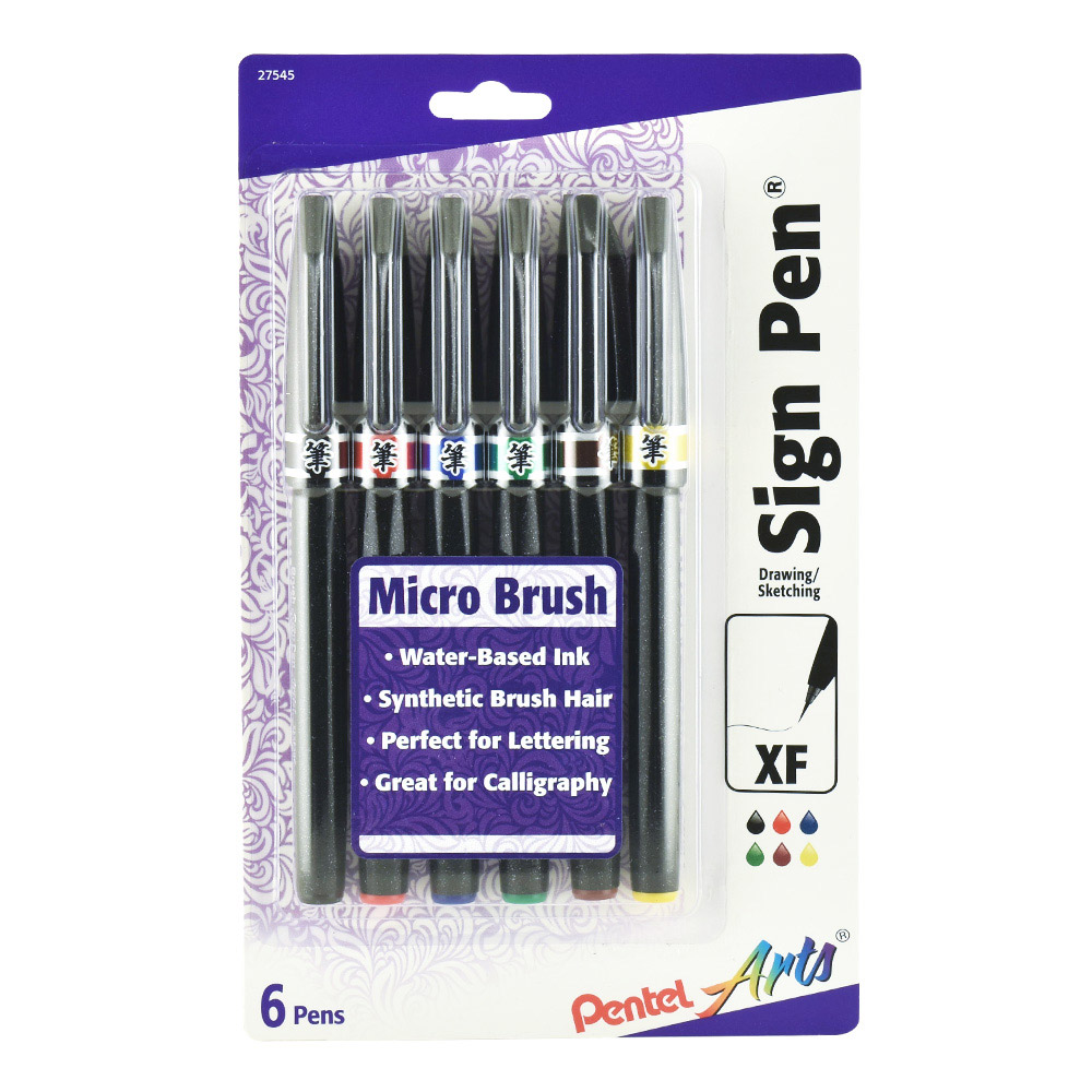 Pentel Sign Pen Micro Brush 6 Color Pack