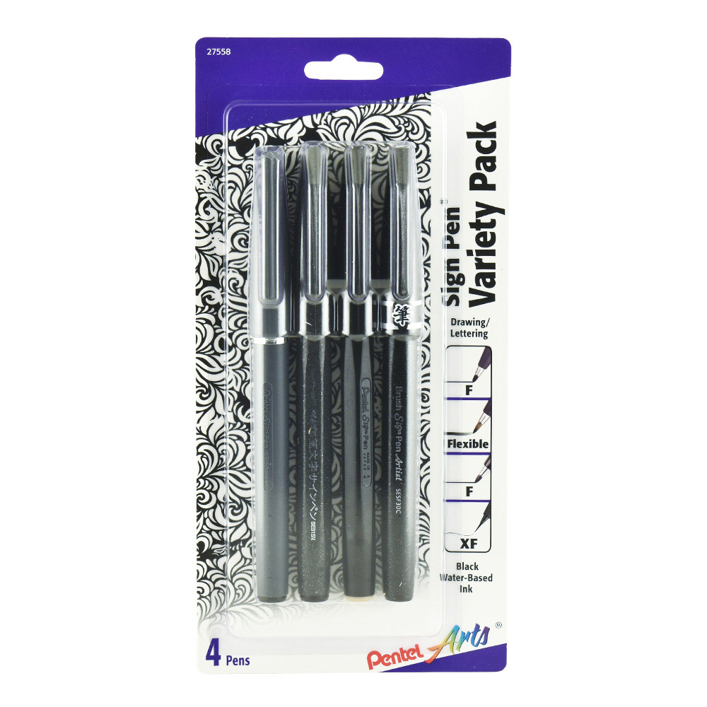 Pentel Sign Pen Black Variety Point 4 Pack