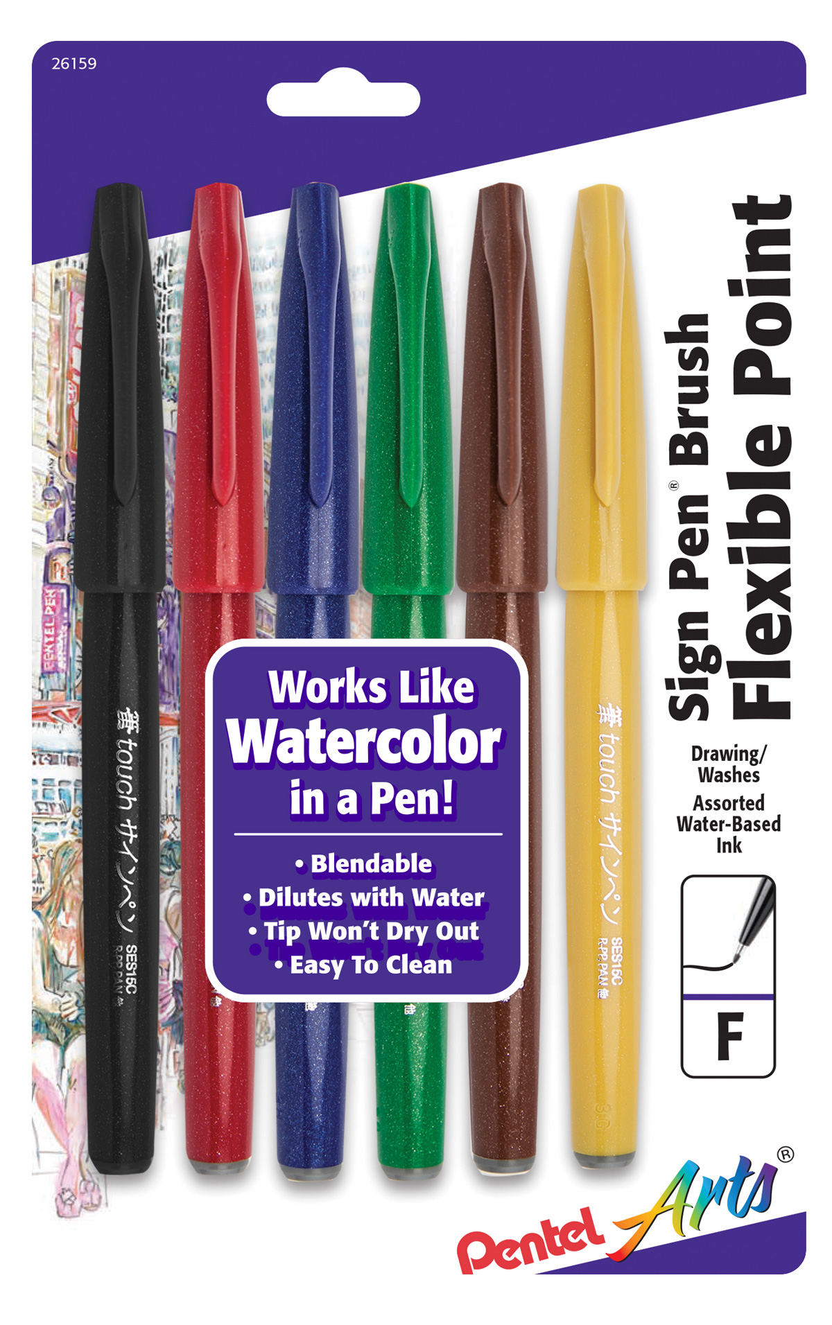 Pentel Sign Pen Brush Tip 6/Pk Assorted Color