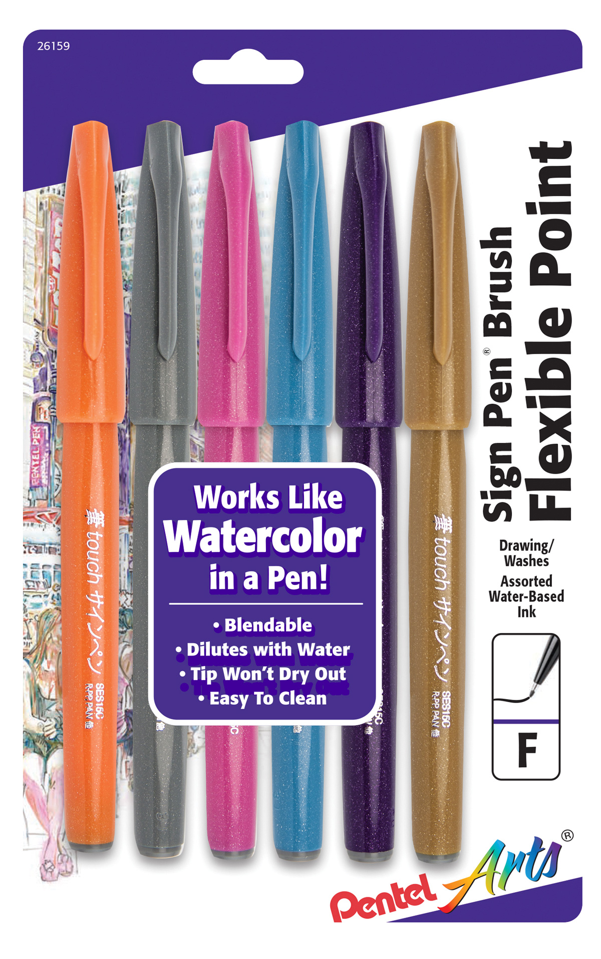 Pentel Sign Pen Brush Tip 6-Pack Fashion Colo