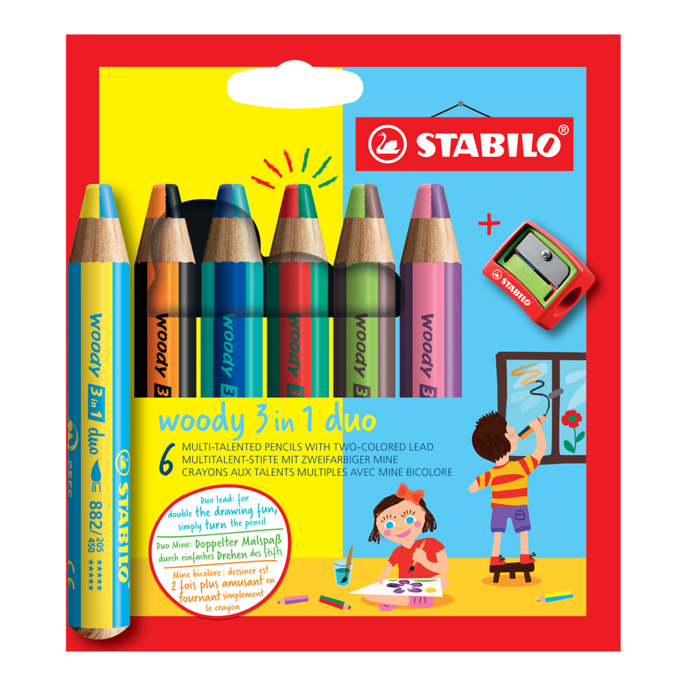 Stabilo Woody Duo Pencil Set of 6 w/Sharpener