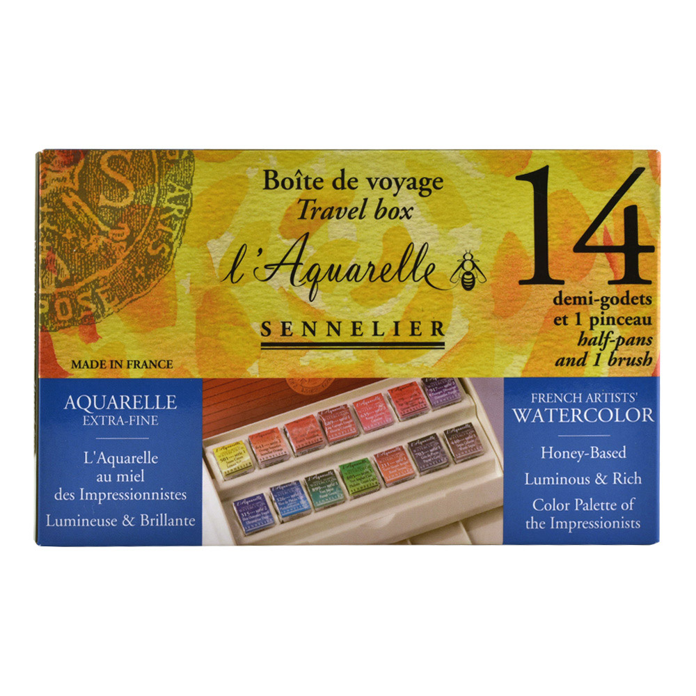 Sennelier Watercolour : Travel Box Set Of 14 Half Pans & Brush