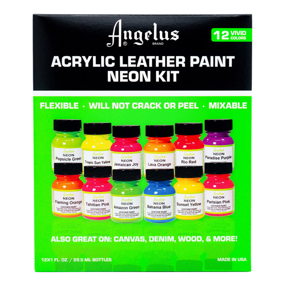 Angelus Leather Paint Set Of 12 Neons 1oz