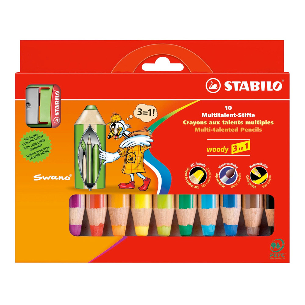 Stabilo Woody Crayons Set Of 10 W/Sharpener
