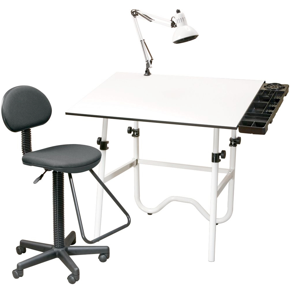 COMHOMA Adjustable Art Drawing Desk Craft Station Drafting with 2 Non-Woven Fabric Slide Drawers and 4 Wheels 